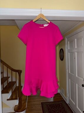 Eliza J Hot Pink Ruffle-Hem Short Sleeve Dress